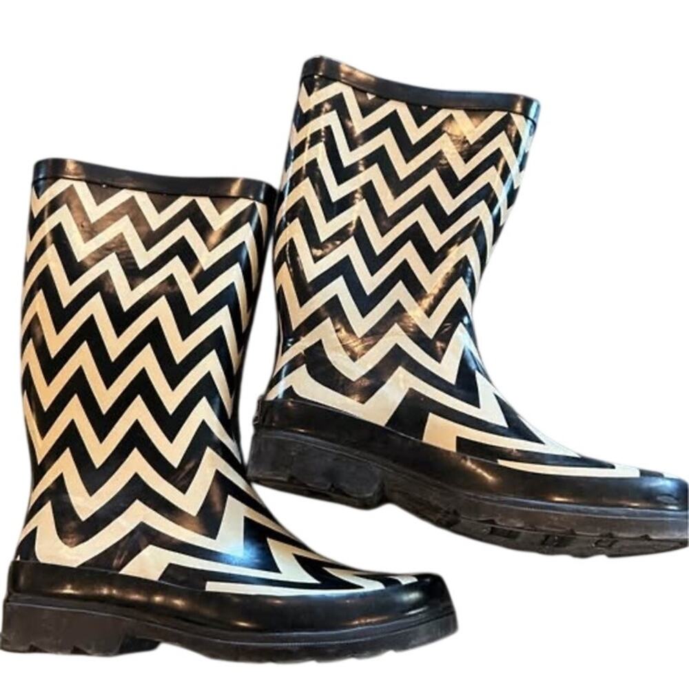 1.4.3 Girl Chevron Print Rain Boots Black White 8